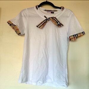 Burberry like White T-Shirt with Plaid Accents